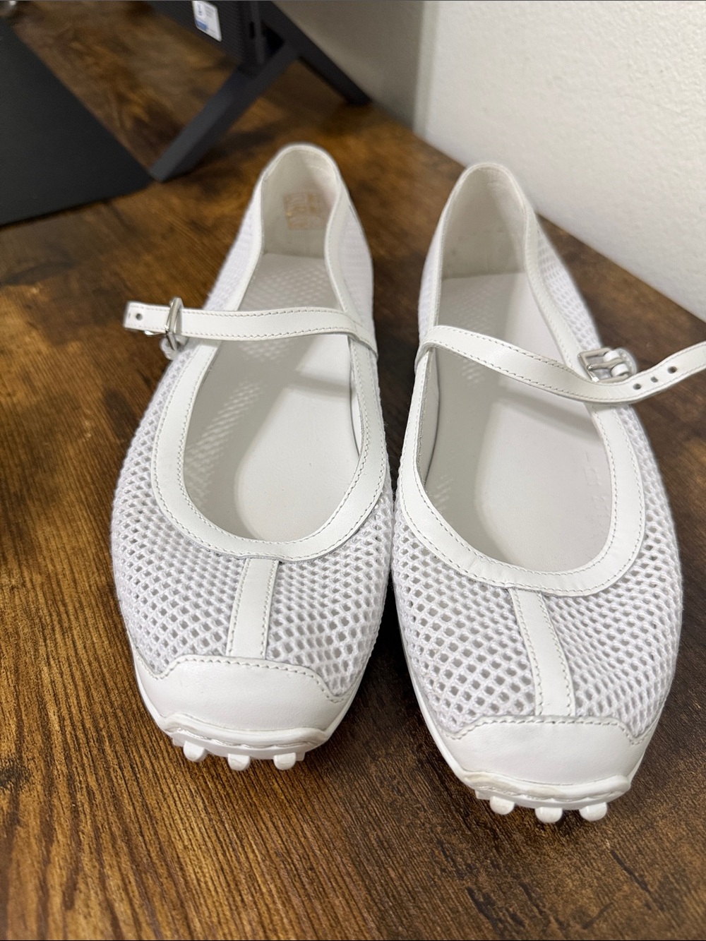 Hermes White Mesh Mary Jane Flats with Silver Buckle Strap